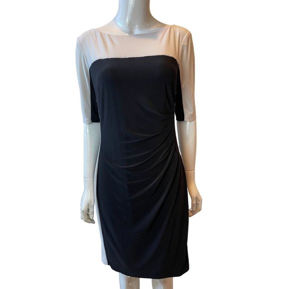 Lauren Ralph Lauren Women Colorblock Bodycon Dress Side Ruched Black White SZ 10 - Picture 2 of 11